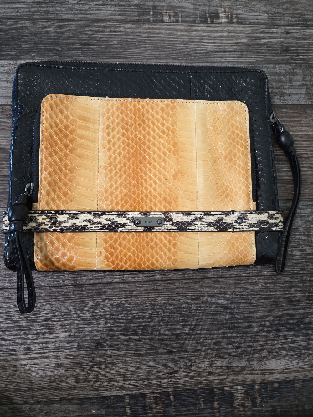 Snake Skin And Leather Black and Tan Exotic-Texture Wristlet Clutch